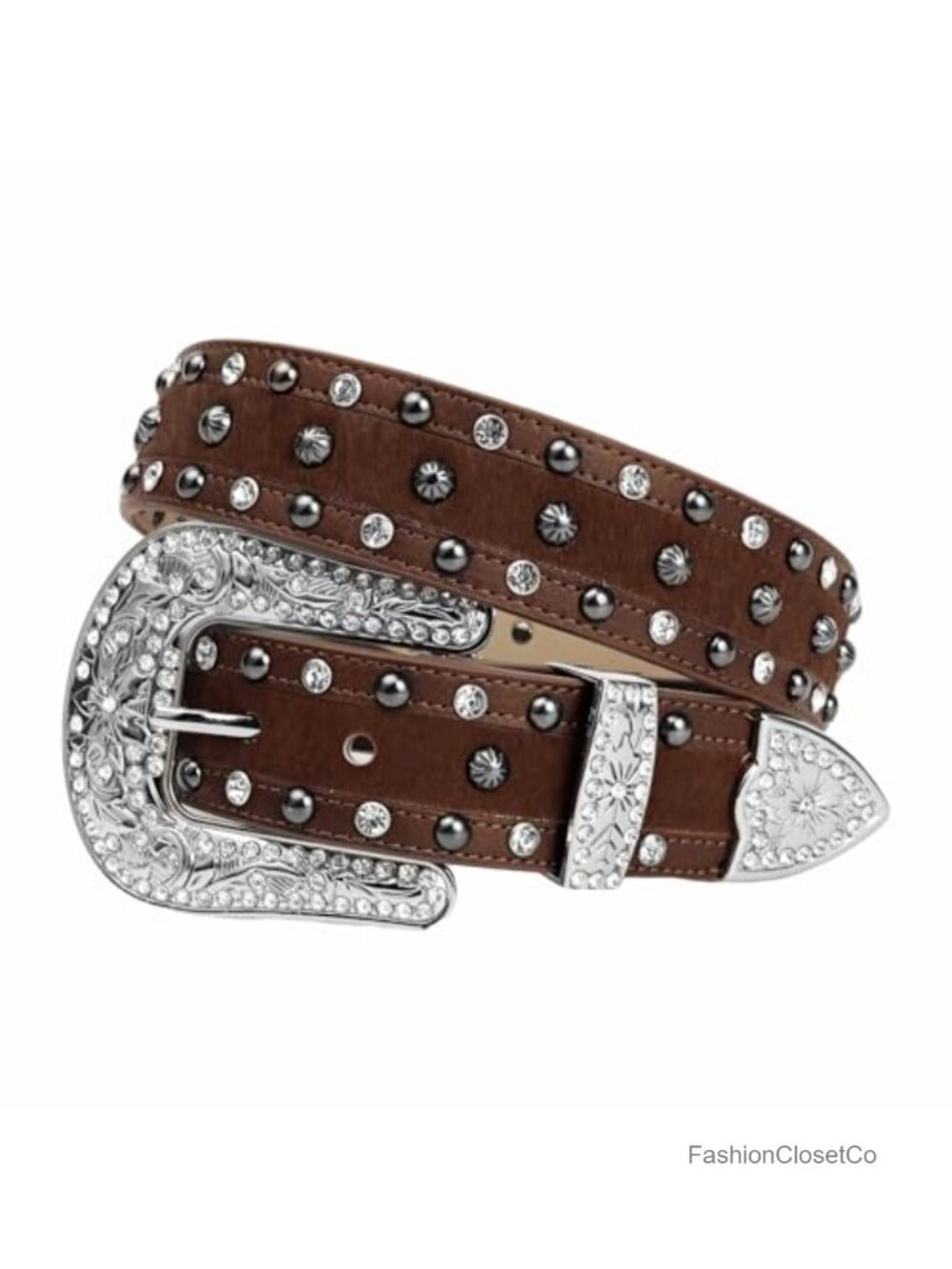 Women's Haircalf Leather Belt Western Floral Buckle Studs for Jeans Pants